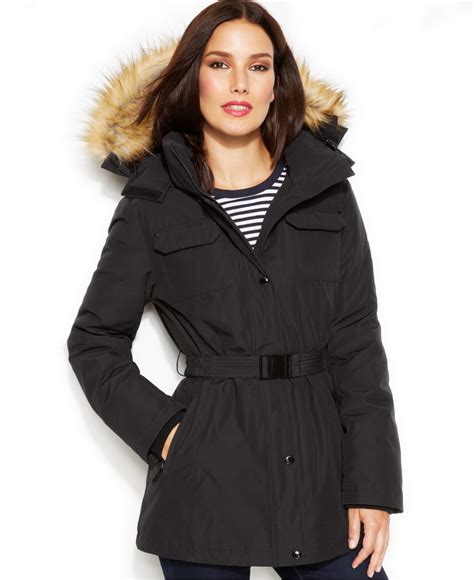 michael kors faux fur-trim belted parka|michael kors puffer jacket.